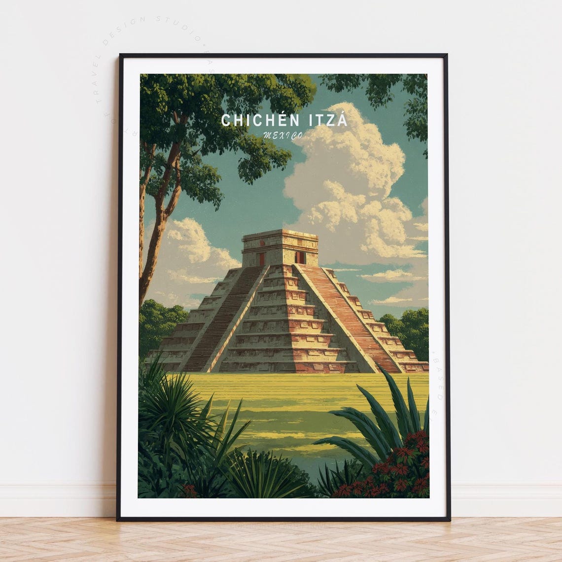 Chichen Itza Mexico El Castillo Pyramid Jungle Vintage Travel Poster