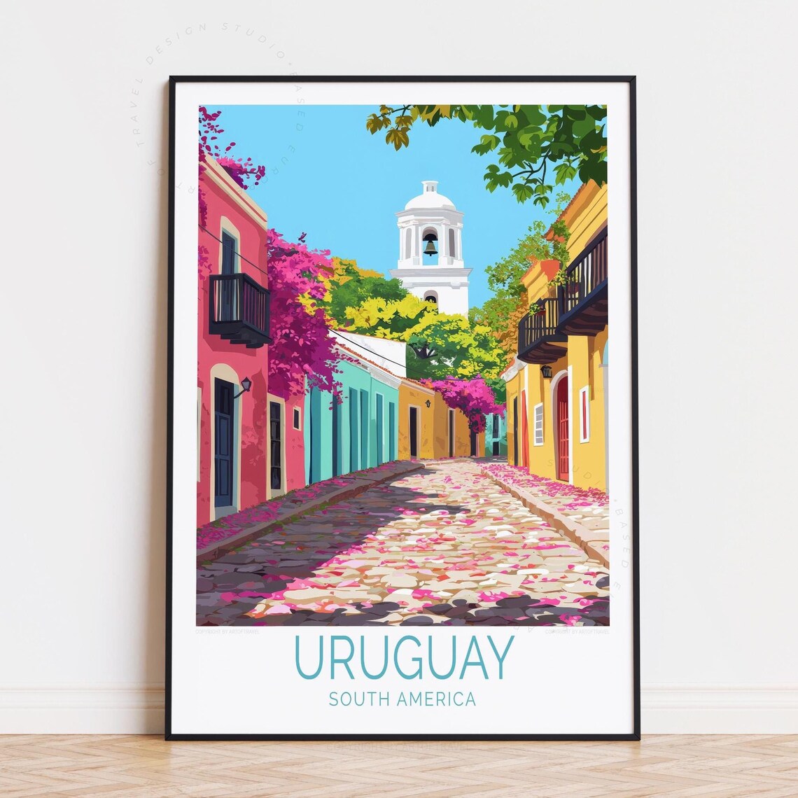 Uruguay South America Colonial Street Bell Tower Vintage Travel Poster