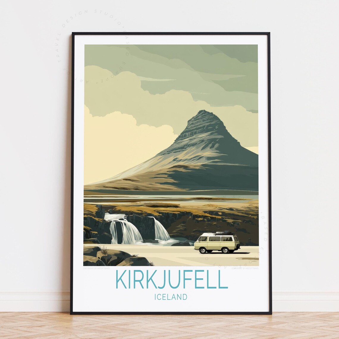Kirkjufell Iceland Mountain Waterfall Camper Van Vintage Travel Poster