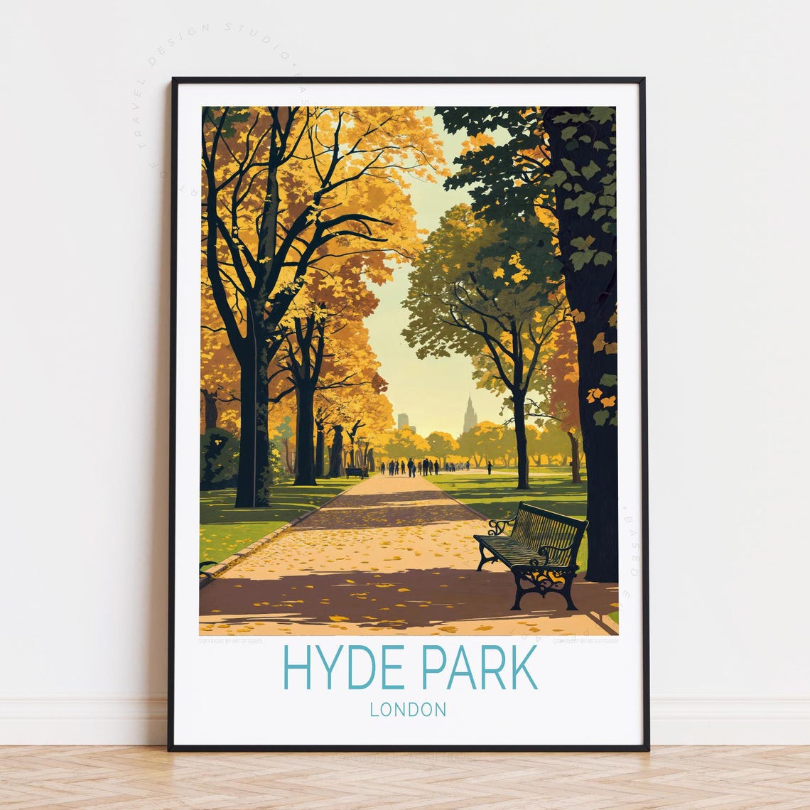 Hyde Park London Autumn Avenue Park Bench Fall Leaf Travel Poster