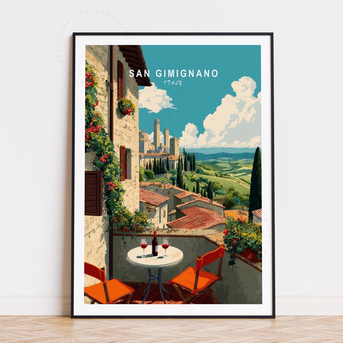 San Gimignano Italy Terrace Wine View Cypress Rolling Hills Poster