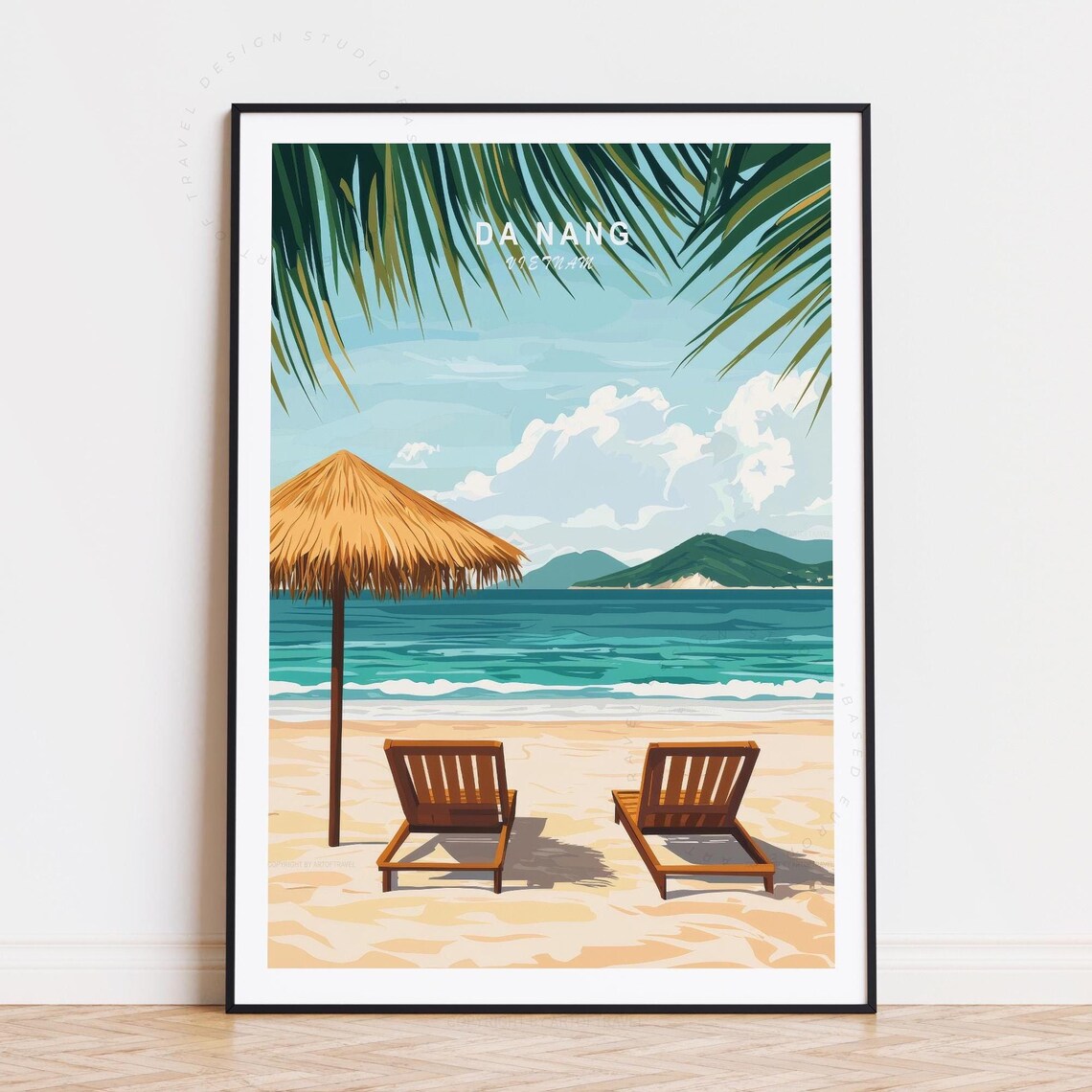 Da Nang Vietnam Beach Loungers Thatched Umbrella Travel Poster