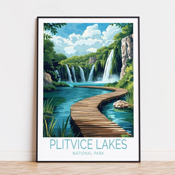 Plitvice Lakes National Park Waterfalls and Boardwalk Scene Poster
