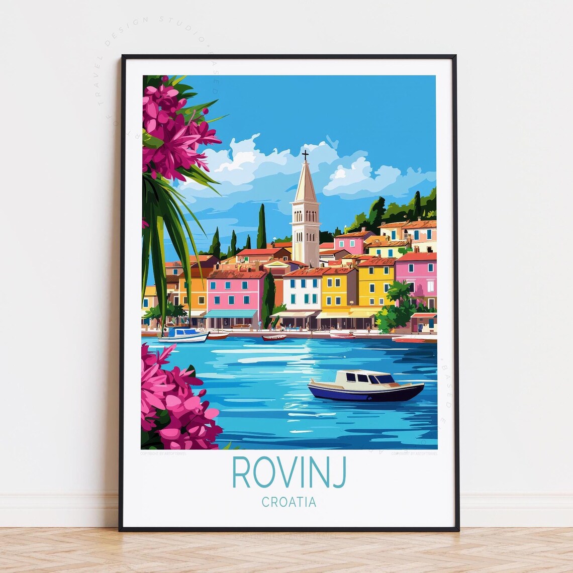 Rovinj Croatia Sailboat Harbor Bougainvillea Coast Travel Poster
