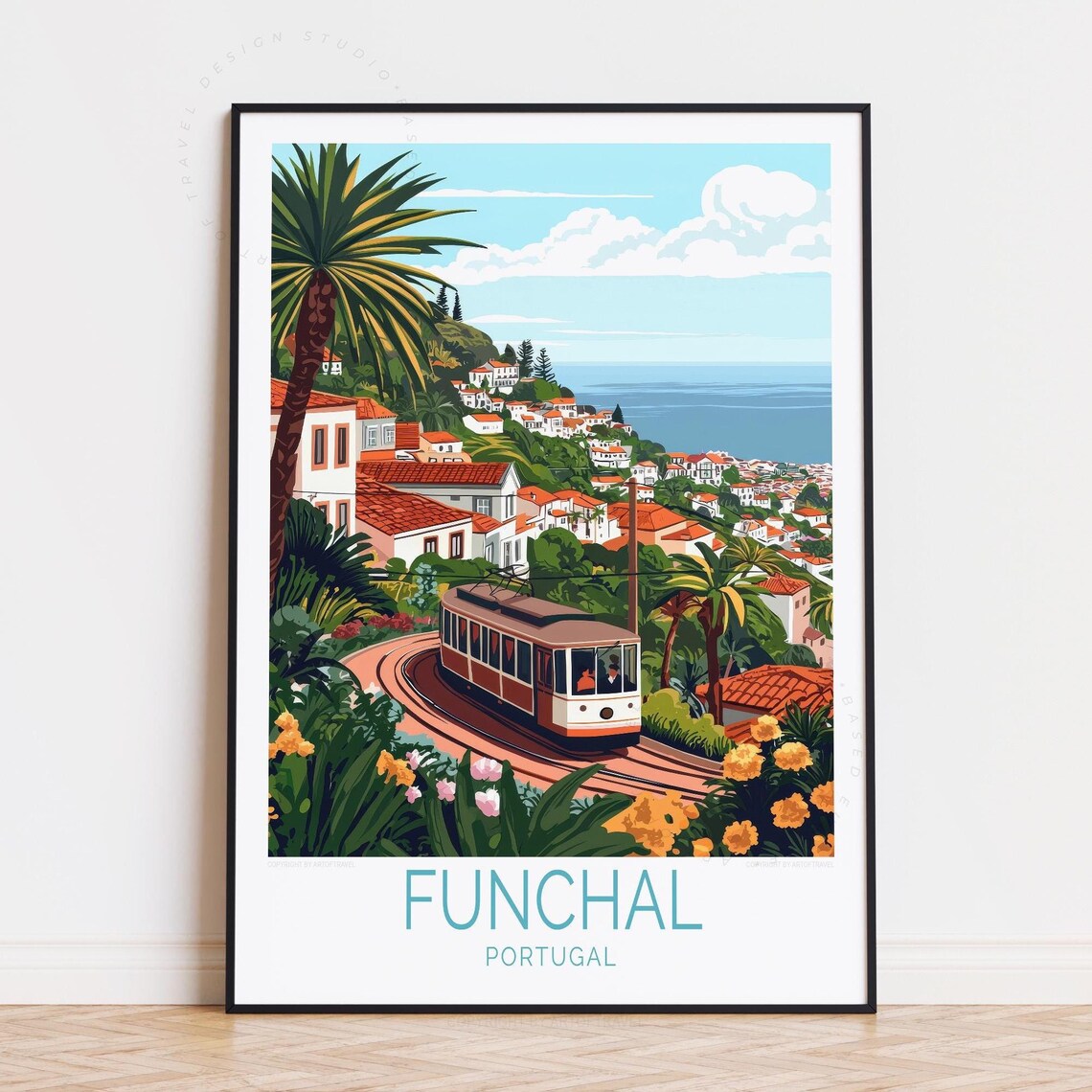 Funchal Portugal Hillside Tram Over Seaside Town Travel Poster