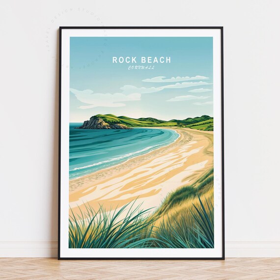 Rock Beach Cornwall Golden Sand Headland Seascape Travel Poster