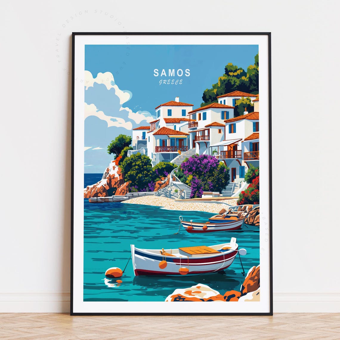 Samos Greece Hillside Village And Fishing Boats Harbor Poster