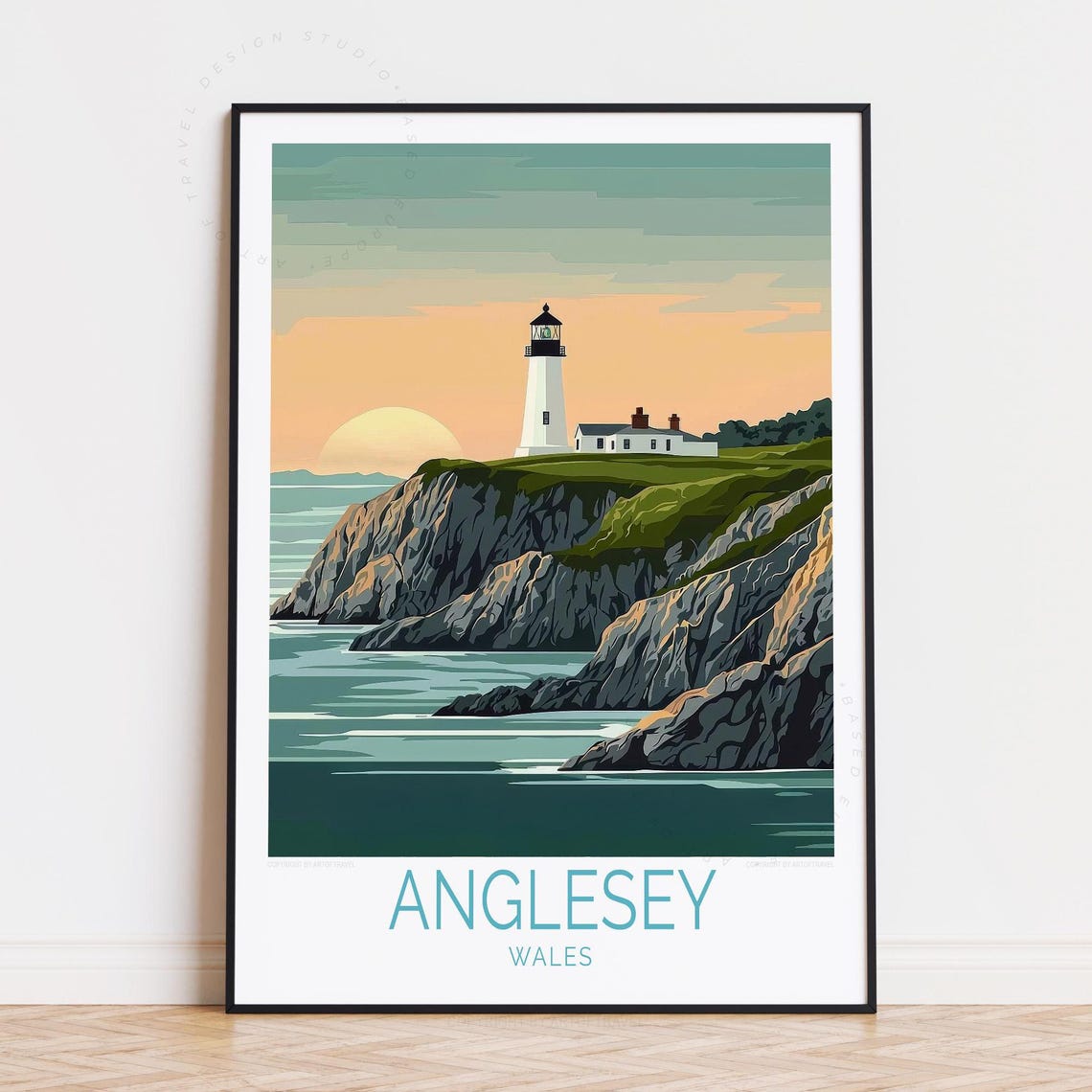 Anglesey Wales Lighthouse Cliffs Sunset Coastal Scene Poster