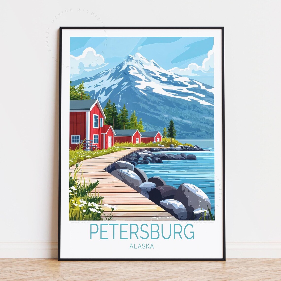 Petersburg Alaska Shore Red Cabins Rocky Coast Snow Peak Poster