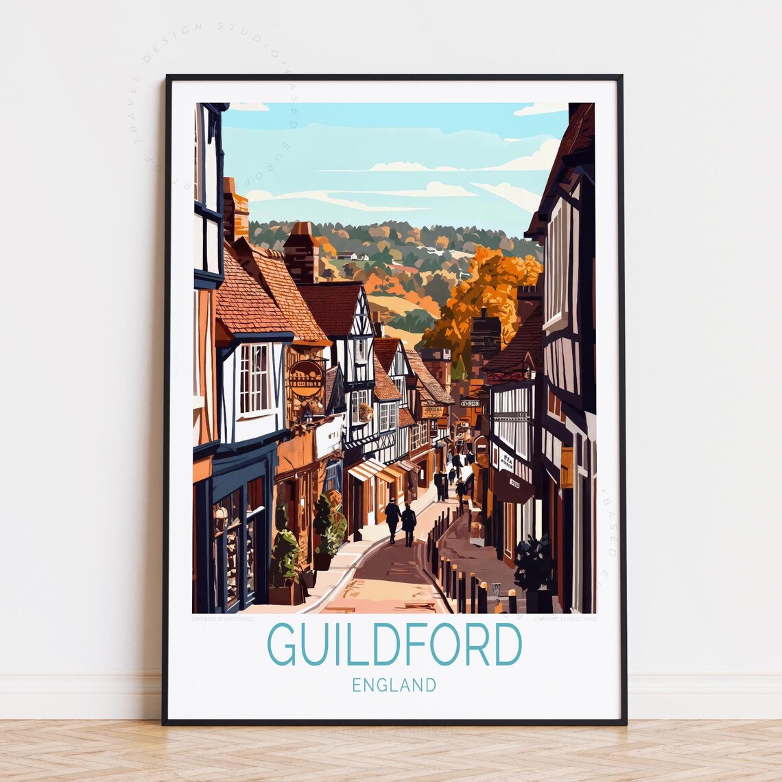 Guildford England Historic Tudor High Street Autumn Travel Poster