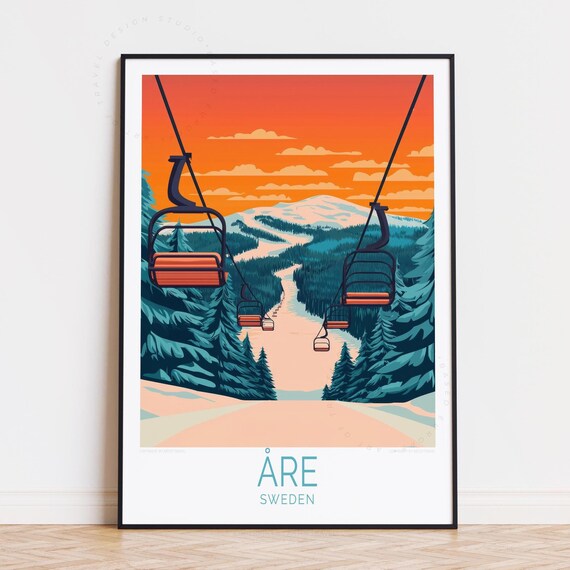 Aare Sweden Ski Lift Sunset Snowy Pines Mountain Slopes Poster