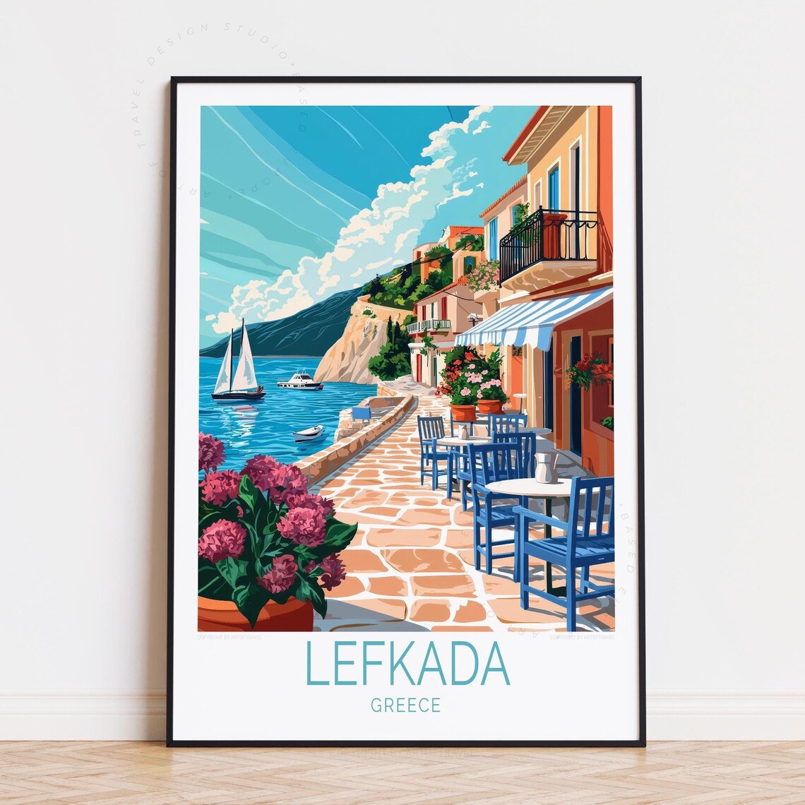 Lefkada Greece Blue Chair Taverna Seafront Sailboat Travel Poster