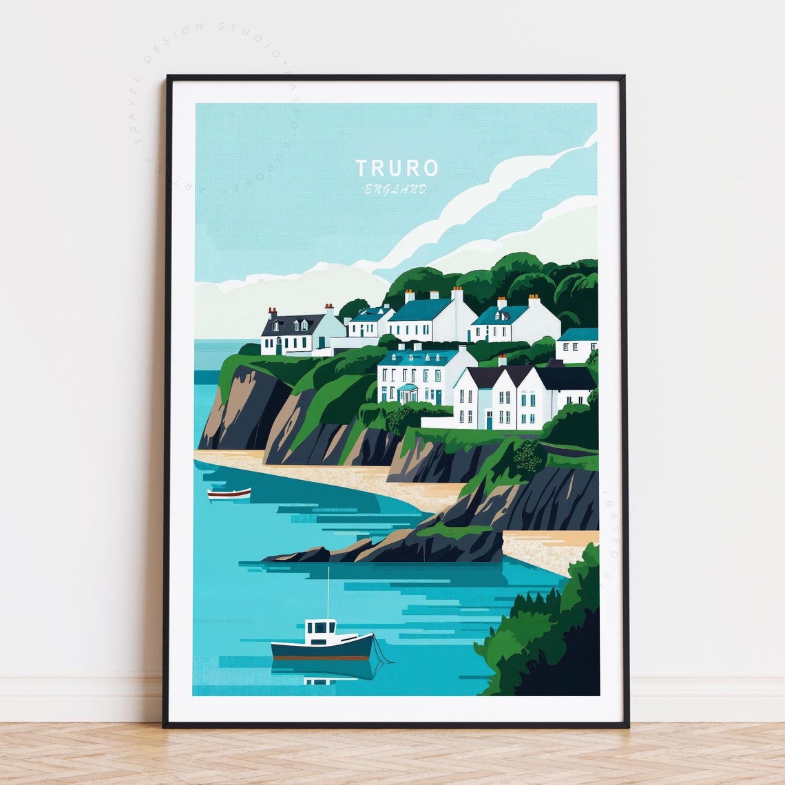 Truro England White Cliff Houses Turquoise Harbor Bay Poster