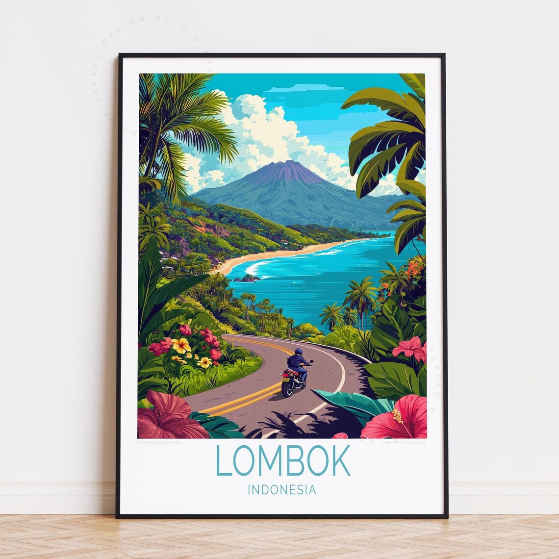 Lombok Indonesia Volcano Bay Coastal Road Motorbike Travel Poster