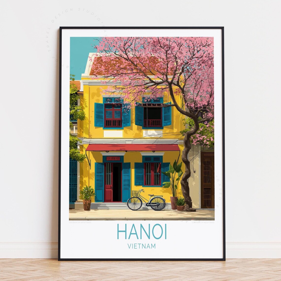 Hanoi Vietnam Pink Blossom Old Street Bicycle Charm Travel Poster