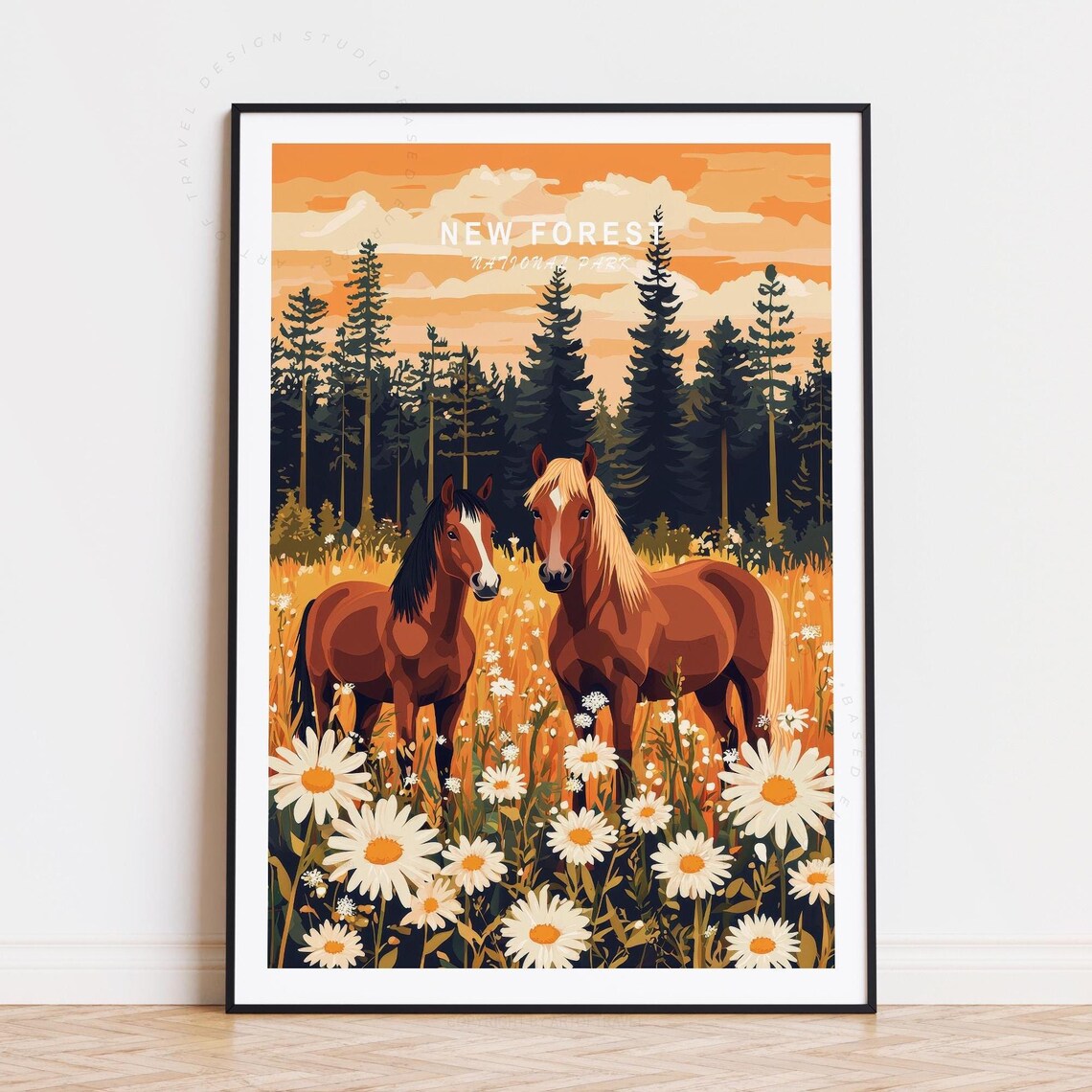 New Forest National Park Sunset Pines Horse Pair Meadow Poster