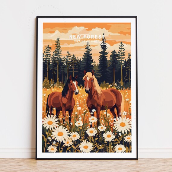 New Forest National Park Sunset Pines Horse Pair Meadow Poster