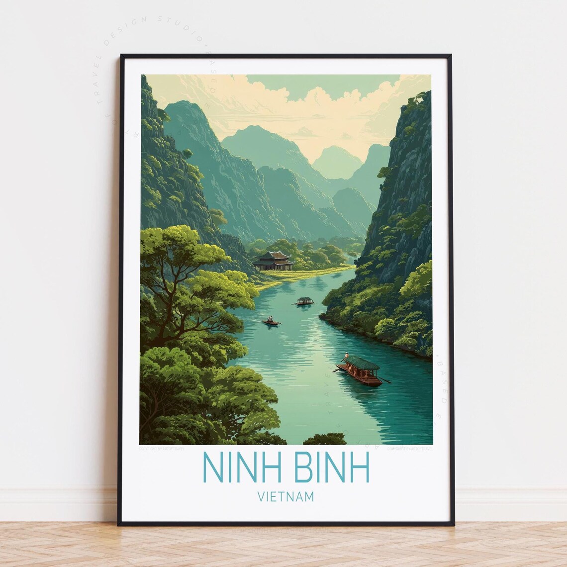 Ninh Binh Vietnam Green River Bend Boats Pagoda Travel Poster