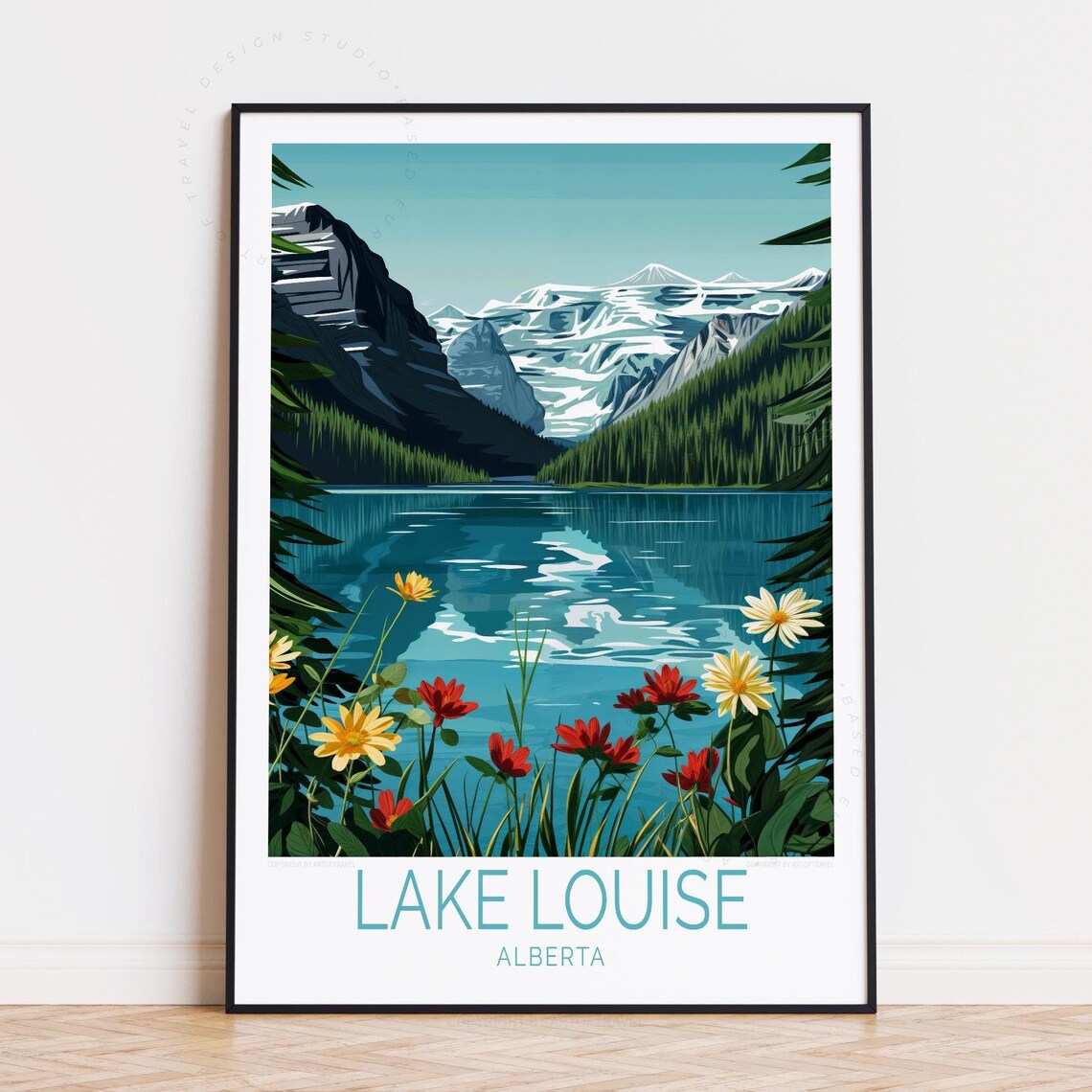Lake Louise Alberta Turquoise Lake and Wildflowers Travel Poster