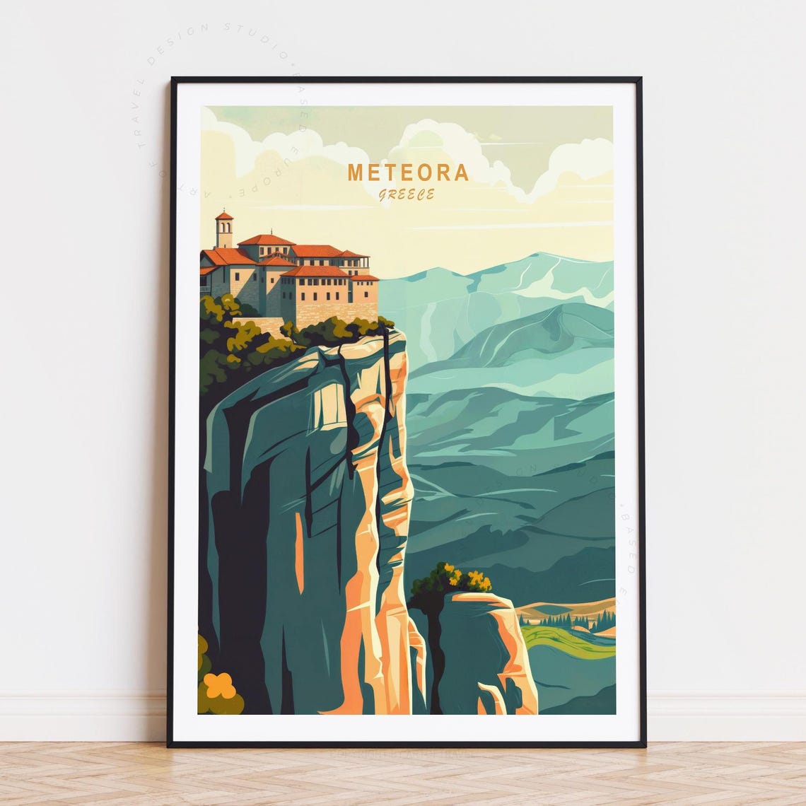 Meteora Greece Cliff Monastery Rock Pillar Mountain Vintage Poster