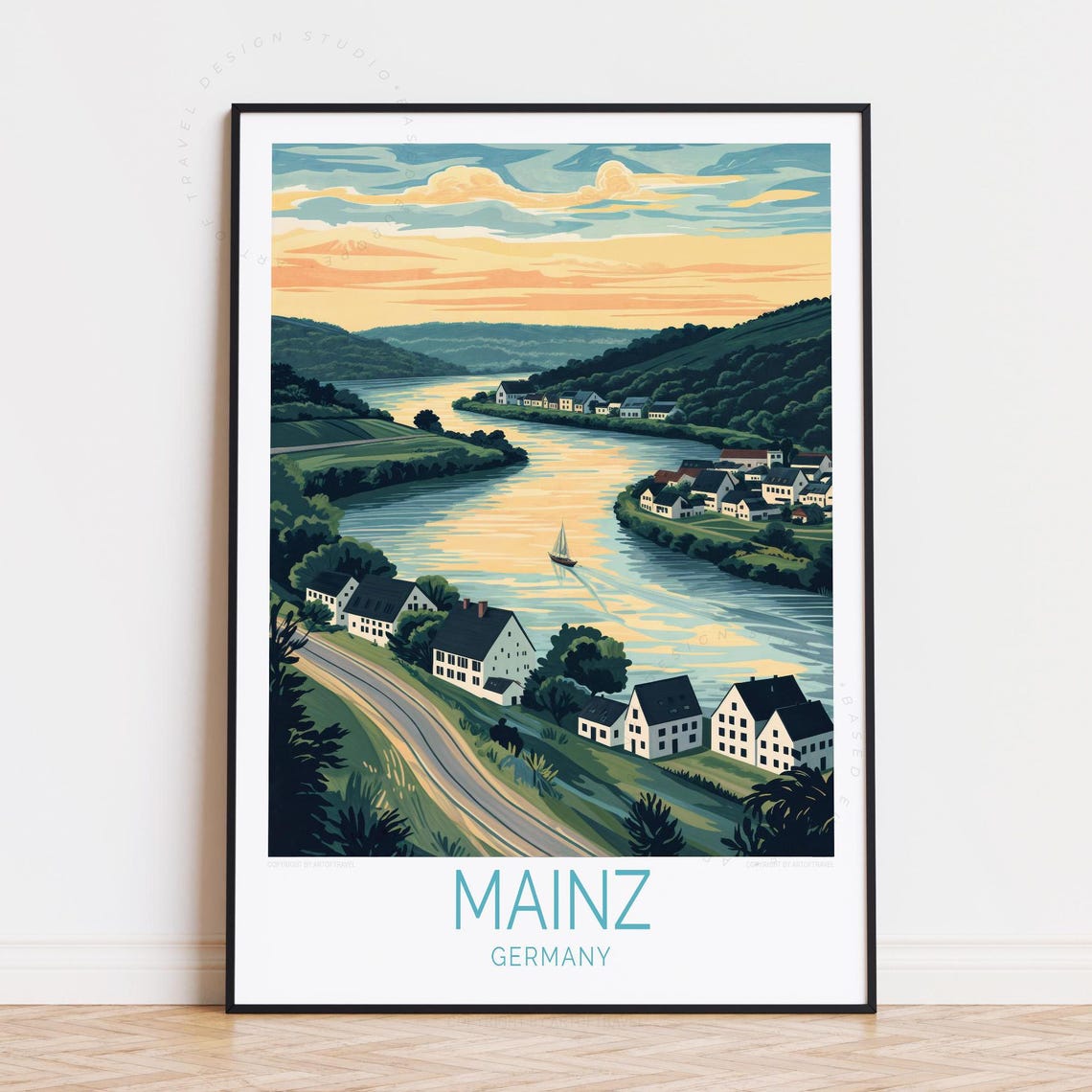 Mainz Germany Riverside Town River Bend Sailboat Vintage Travel Poster
