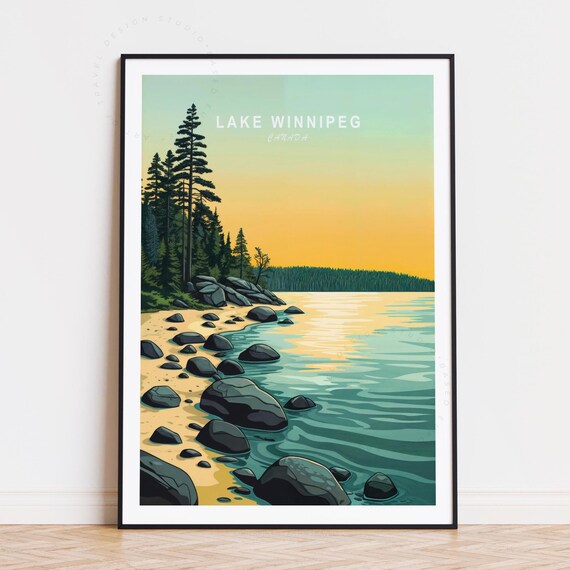Lake Winnipeg Canada Rocky Shoreline Forest Lake Vintage Poster