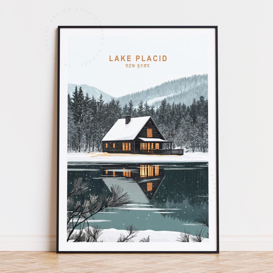 Lake Placid New York Winter Cabin Reflected In Lake Travel Poster