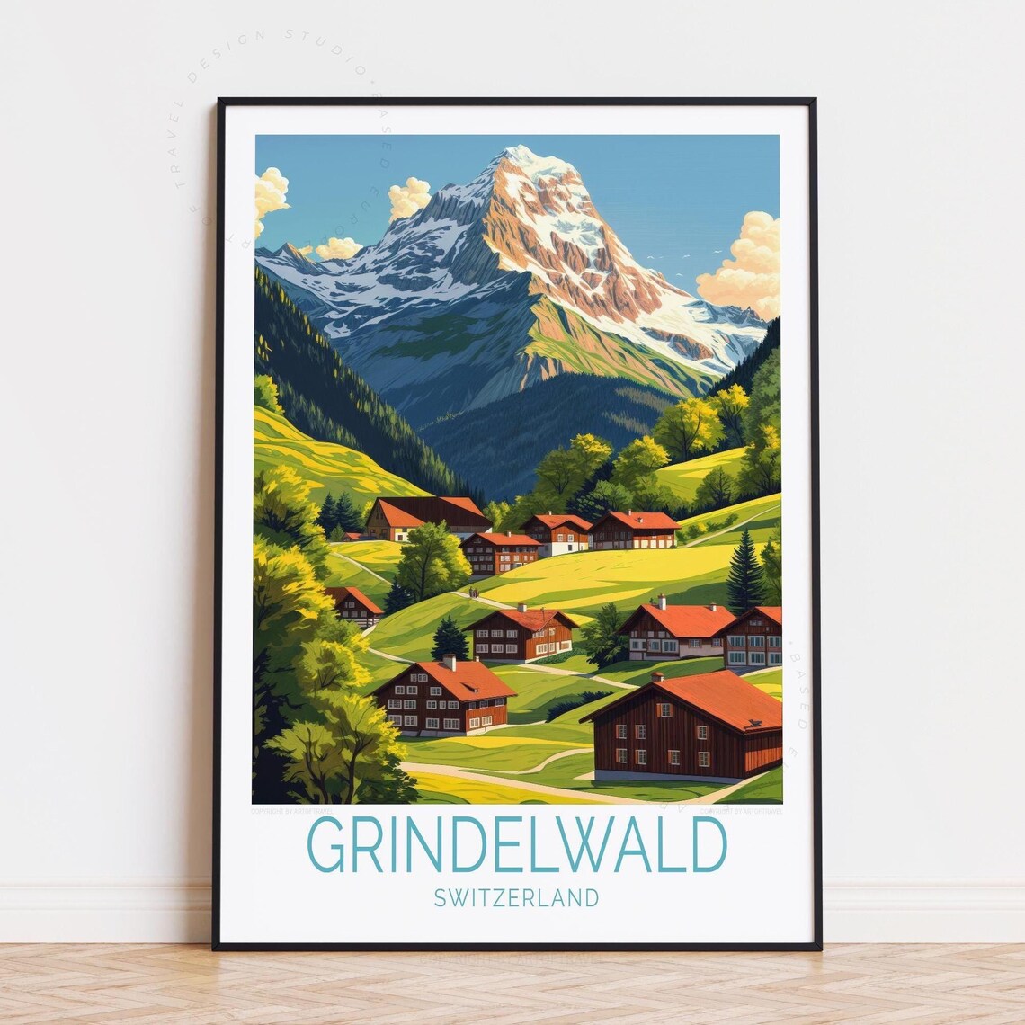 Grindelwald Switzerland Red Roof Chalets Green Meadow Summer Poster