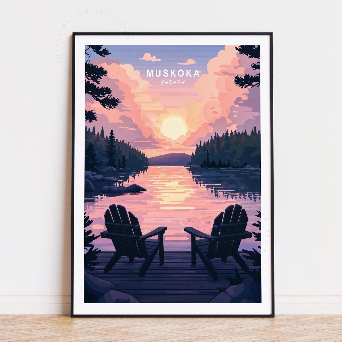 Muskoka Canada Lake Sunset Silhouette Chairs on Dock Travel Poster