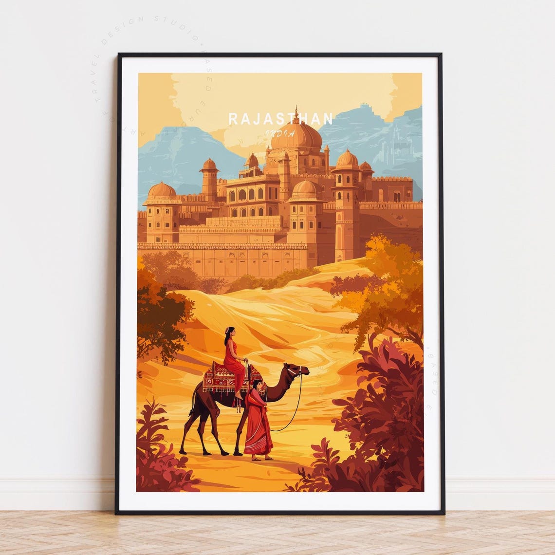 Rajasthan India Fort Palace Camel Ride Desert Sunset Travel Poster