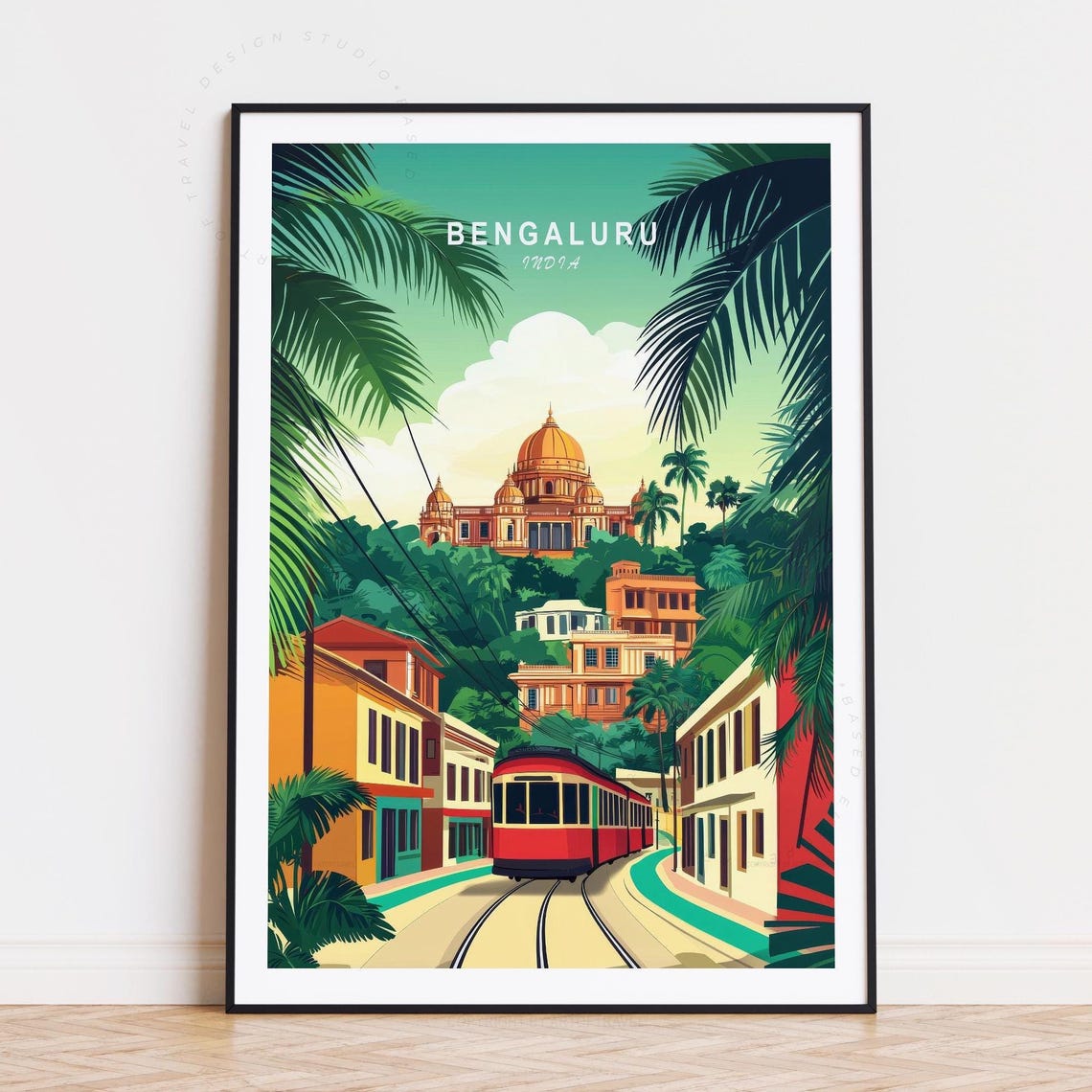 Bengaluru India Golden Dome Palace Red Tram City Retro Poster