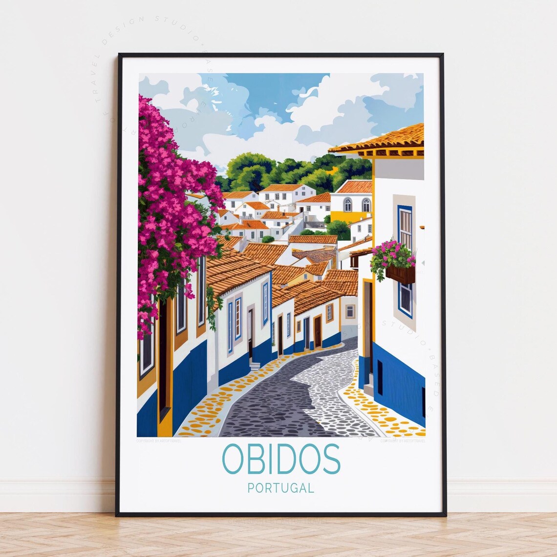 Obidos Portugal Cobblestone Street Blue Trim Houses Travel Art Poster