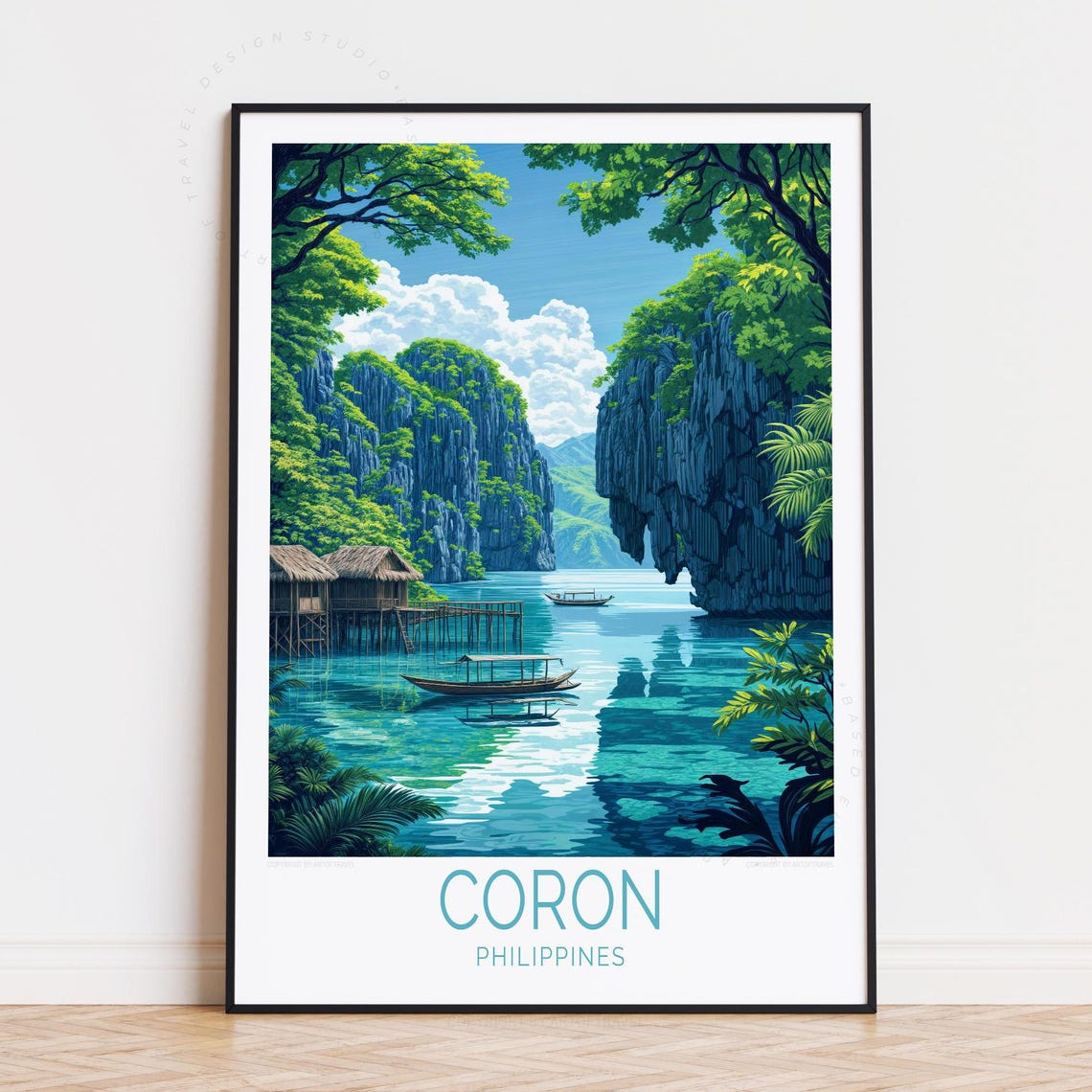 Coron Philippines Lagoon Limestone Cliffs Banca Boat Travel Poster
