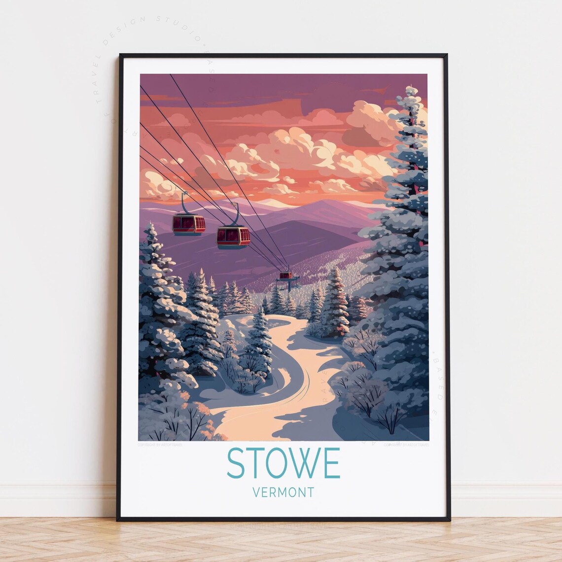 Stowe Vermont Gondola Cable Cars Snowy Mountain Vintage Travel Poster