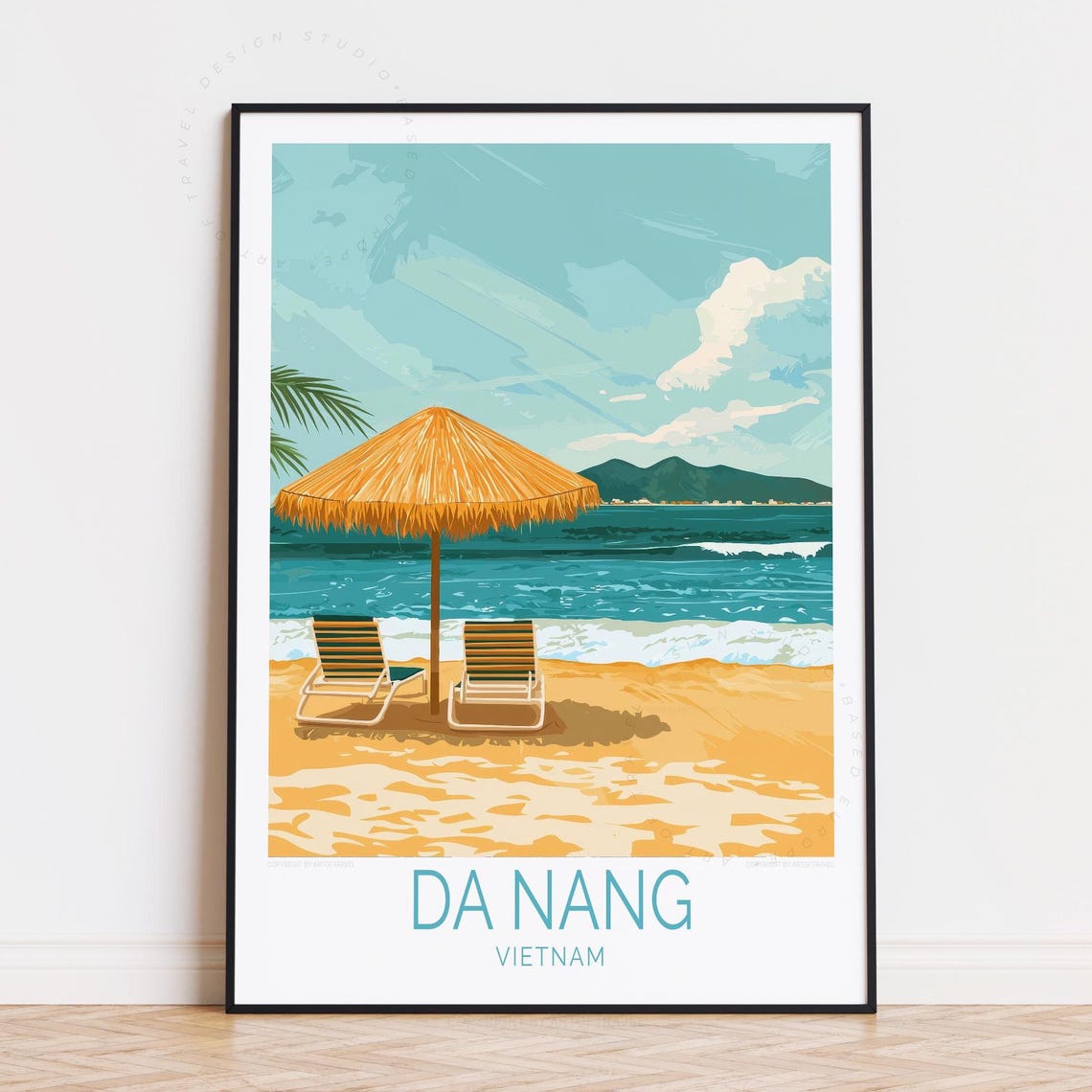 Da Nang Vietnam Beach Umbrella Lounge Chairs Coastal Travel Poster