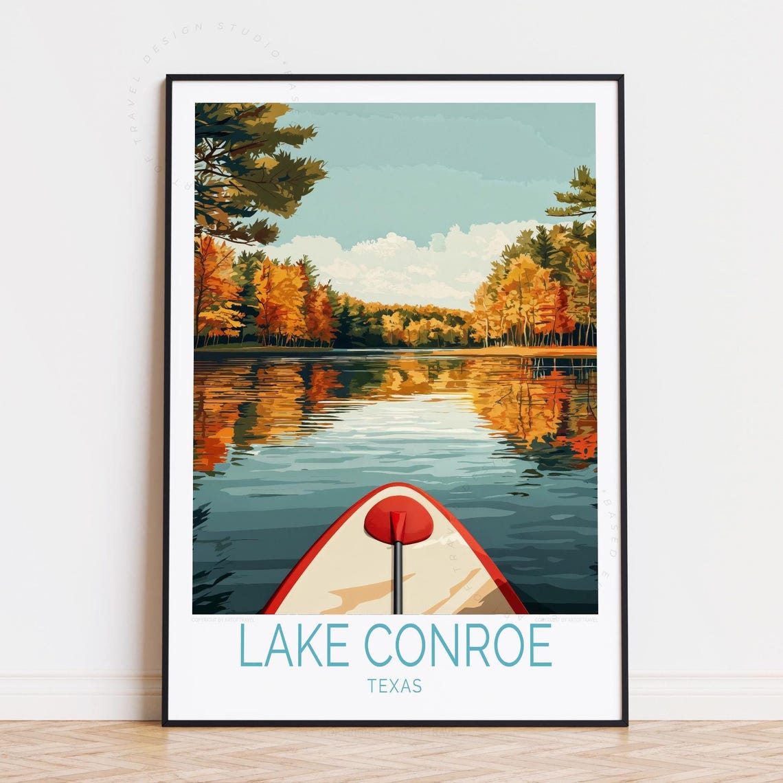 Lake Conroe Texas Autumn Paddleboard Golden Trees Travel Poster