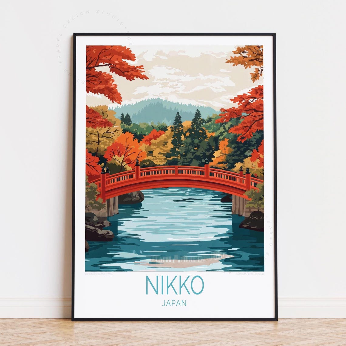 Nikko Japan Scarlet Bridge Framed by Red Maples Autumn River Poster