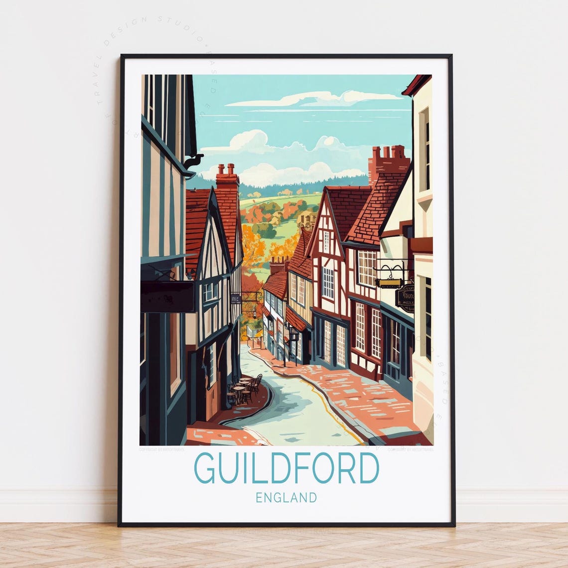 Guildford England Old Town Cobblestone Street Tudor Travel Poster