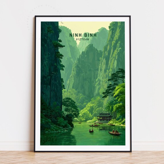 Ninh Binh Vietnam Emerald River Valley Boats Vintage Travel Poster