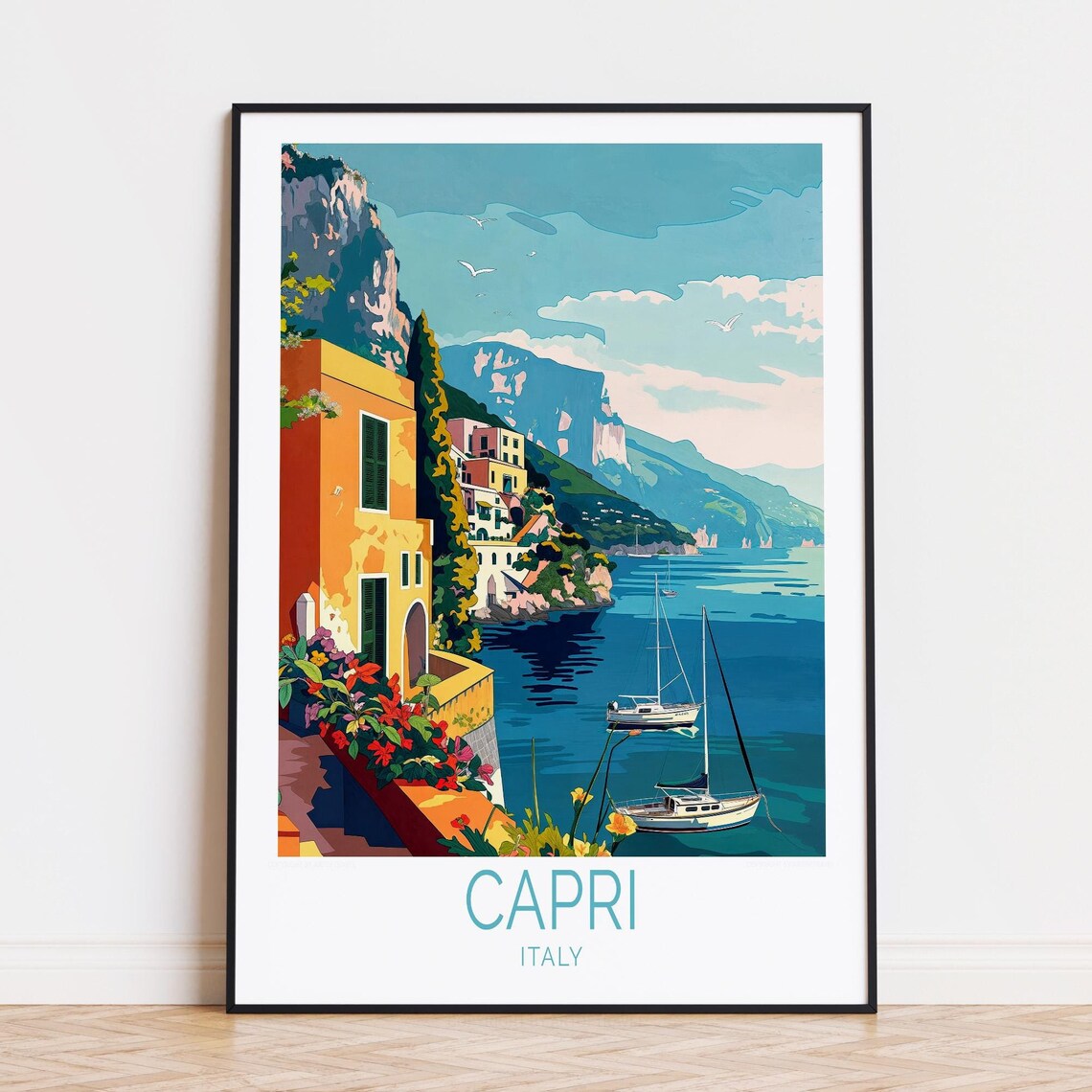 Capri Italy Cliffside Villa Flowers Sailboats Blue Sea Poster