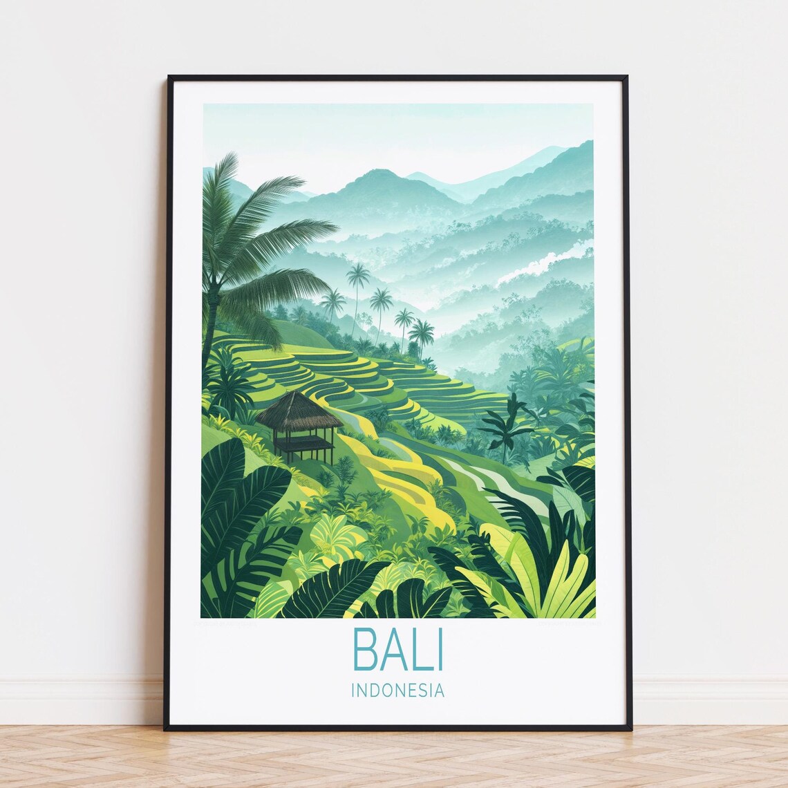 Bali Indonesia Misty Rice Terraces Palm Trees Tropical Travel Poster