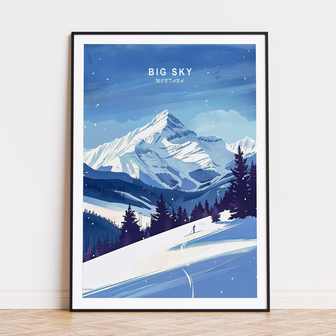 Big Sky Montana Lone Skier Snowy Peak Alpine Slopes Travel Poster