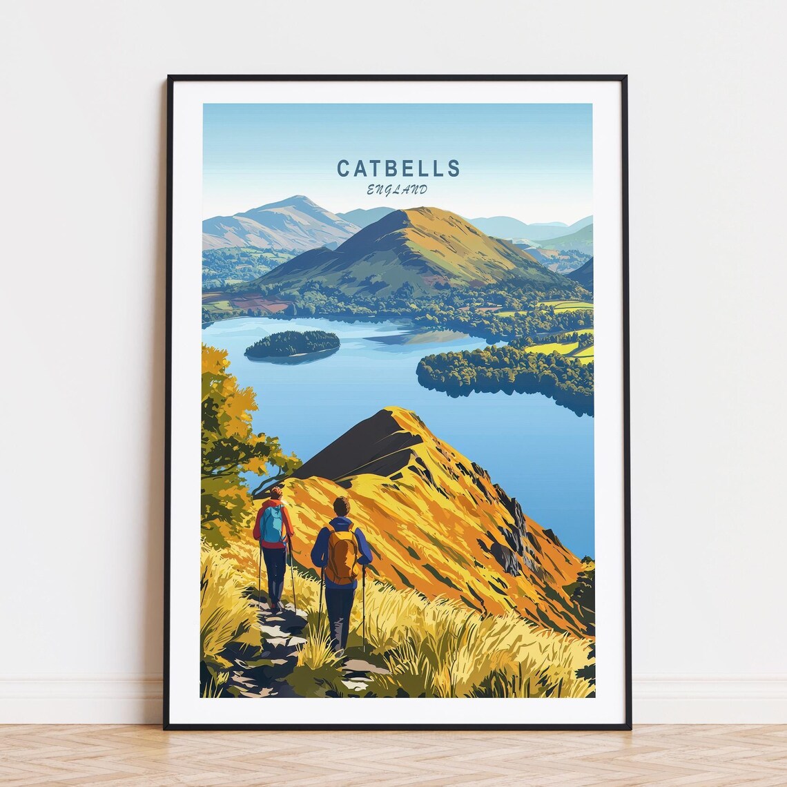 Catbells England Lake District Hikers Mountain View Hiking Poster