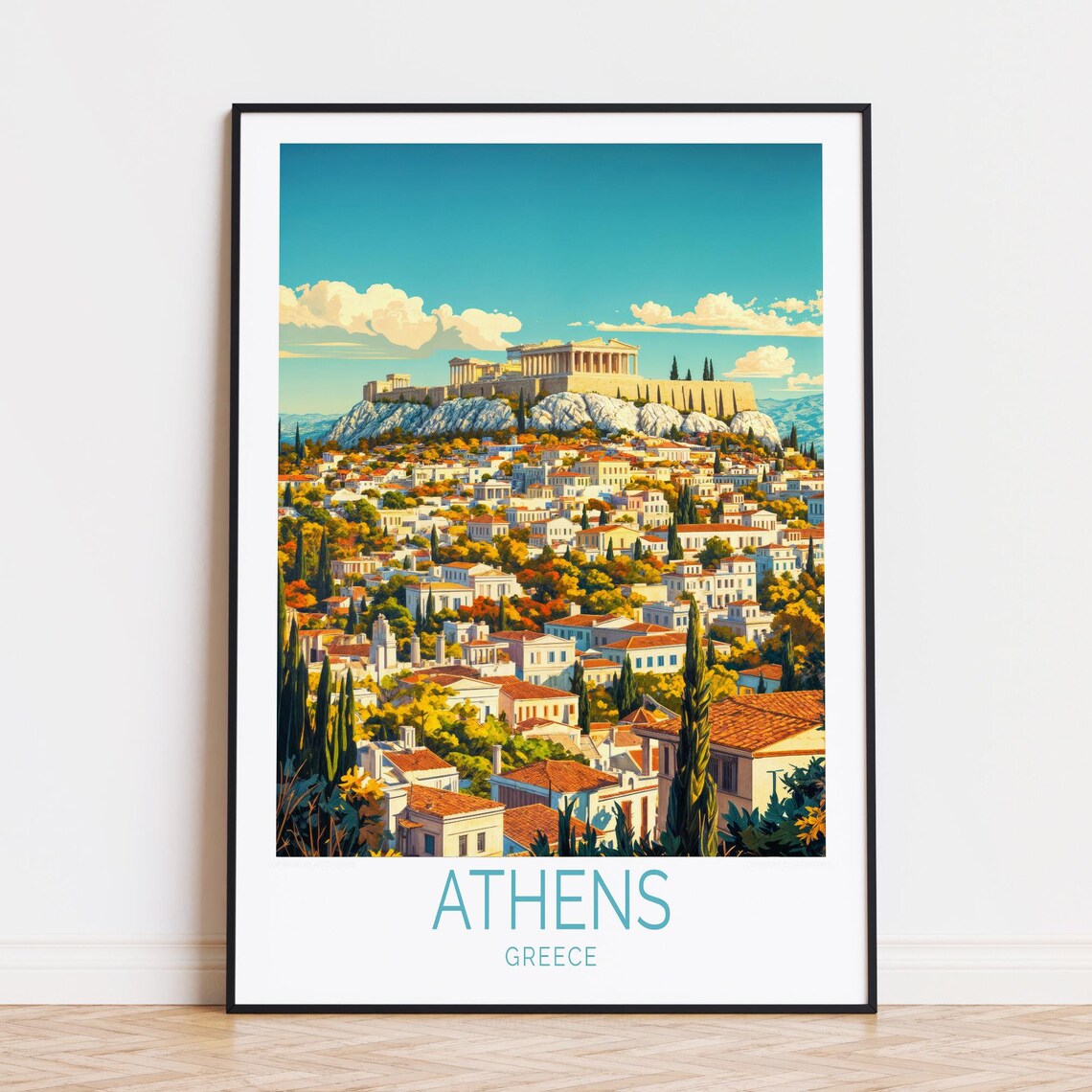 Athens Greece Acropolis Hilltop City Panorama Vintage Travel Poster