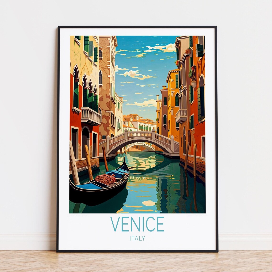 Venice Italy Gondola Canal Arched Bridge Vintage Travel Poster