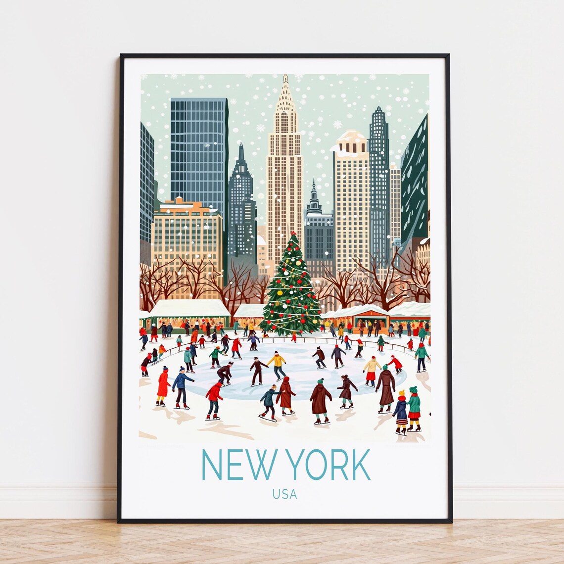 New York USA Winter Ice Skating Christmas Tree Snow Manhattan Poster