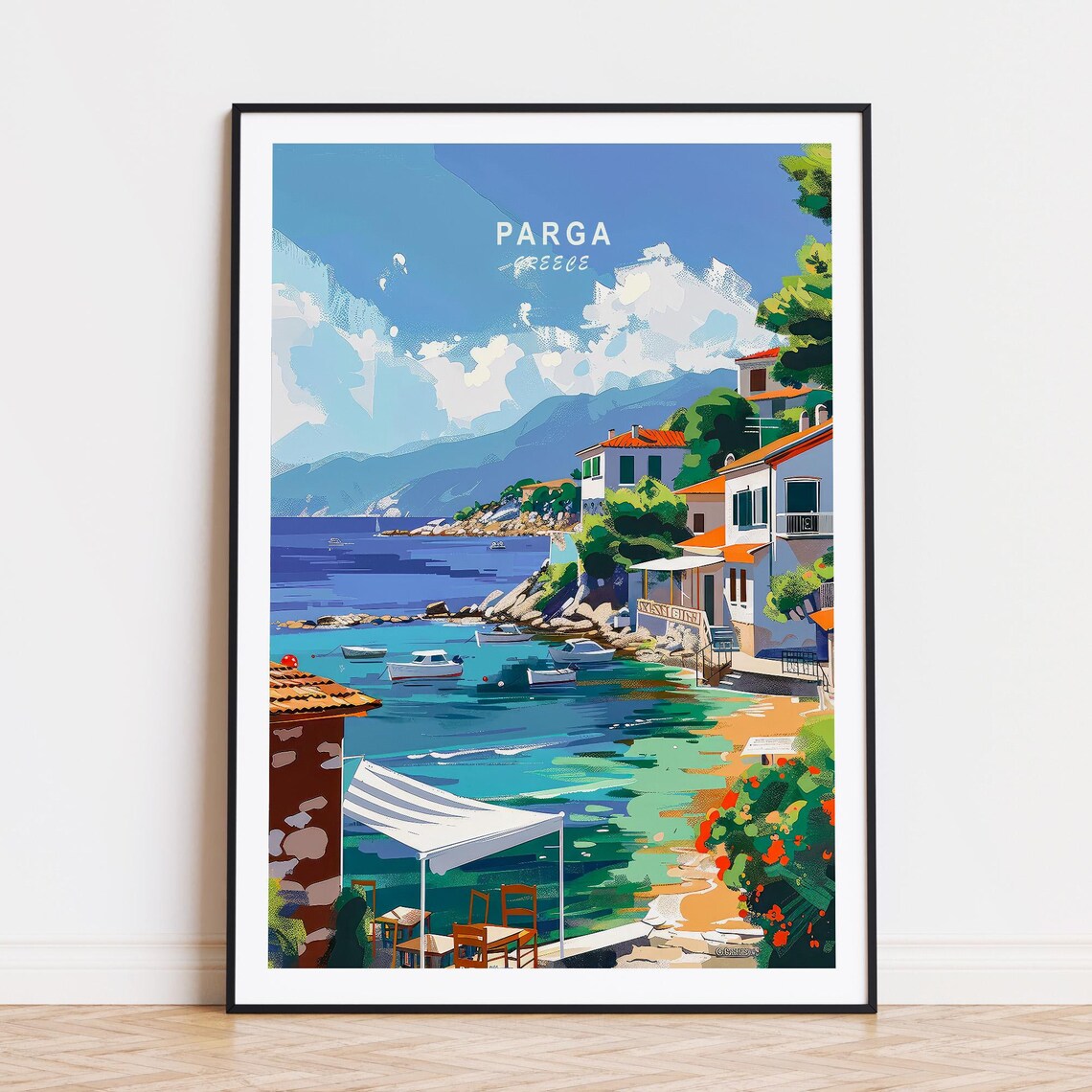 Parga Greece Harbor Town Fishing Boats Seaside Travel Poster