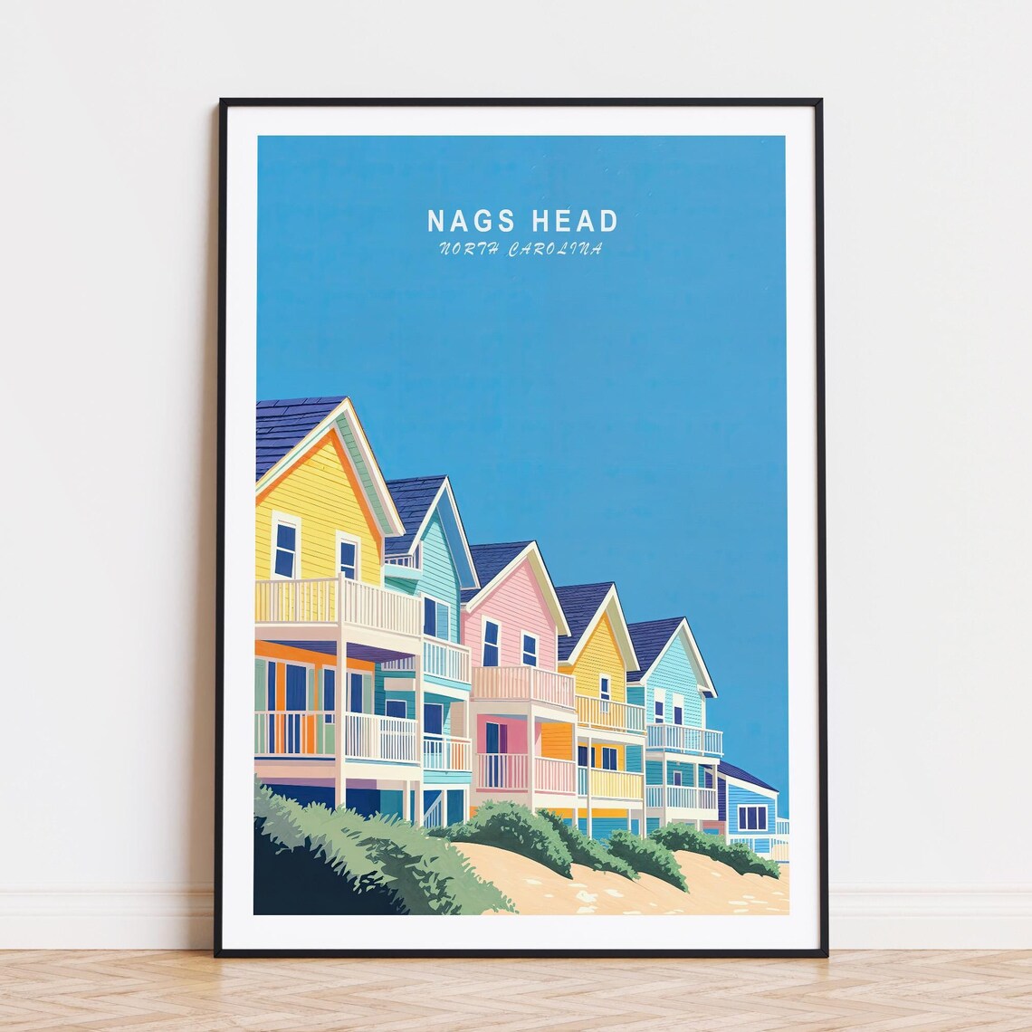 Nags Head North Carolina Beach Cottages Sky Blue Travel Poster