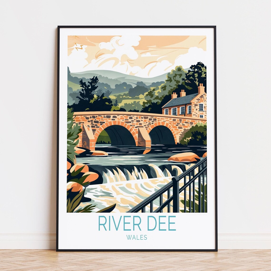 River Dee Wales Stone Arch Bridge Weir Riverside Village Travel Poster