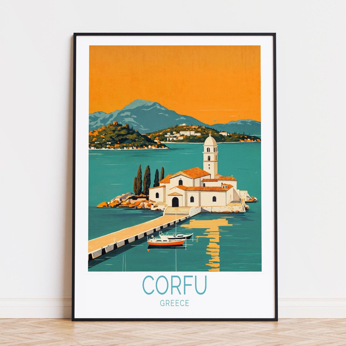 Corfu Greece Island Chapel Causeway Orange Sky Travel Poster